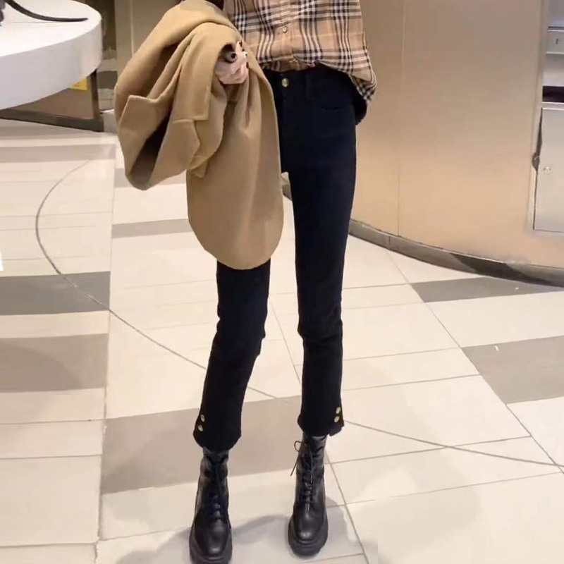 小个子侧开叉黑色牛仔裤女七分马丁靴搭配秋冬加绒九分直筒烟管裤