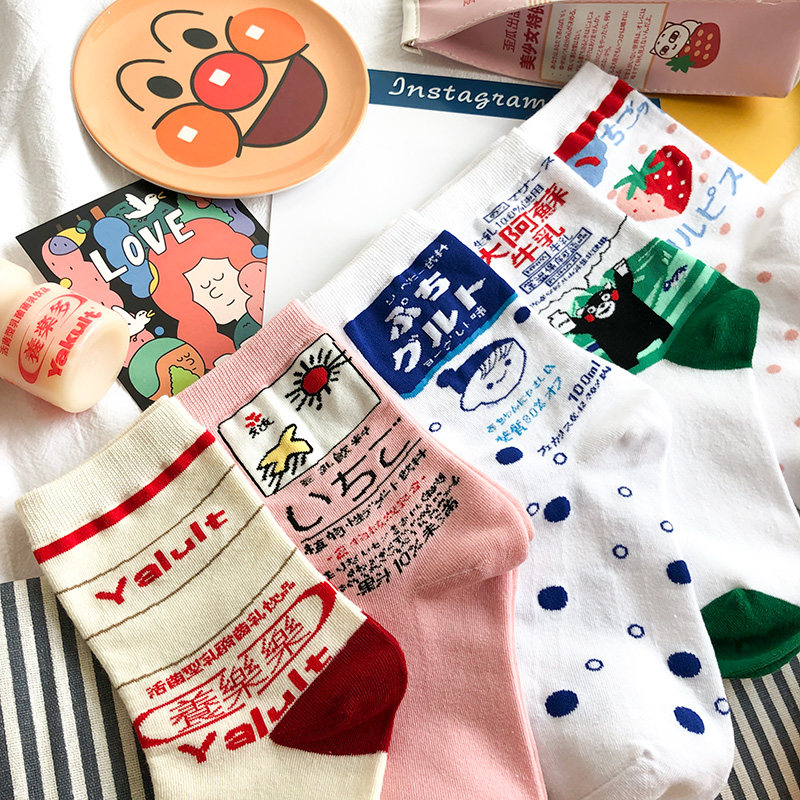 牛奶袜子女中筒袜春夏薄款ins潮流纯棉韩版卡通日系可爱春秋长袜