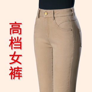 卡其色牛仔裤女秋冬高腰宽松直筒大码休闲裤中老年妈妈裤加绒加厚