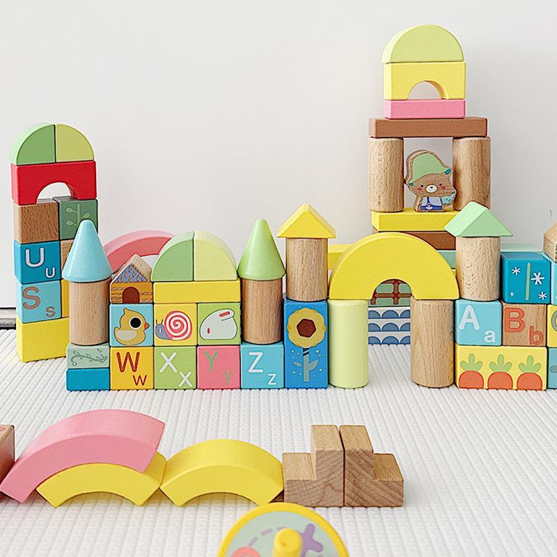 100p120pcs多彩积木小宝宝城堡搭建木质幼儿园男女孩木制拼搭玩具