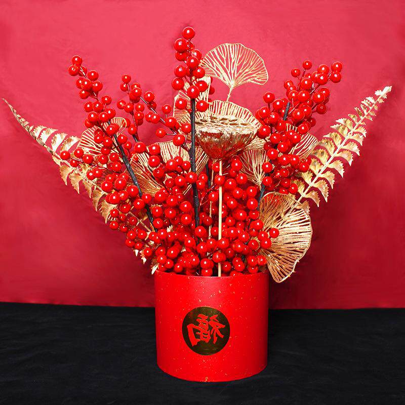 2026新年圆盒福桶仿真红果年宵花桶春节婚庆装饰乔迁客厅摆件批发
