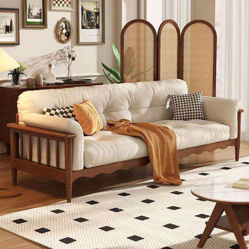 法式实木沙发复古云朵三人位小户型美式中古奶油风直排布艺沙发