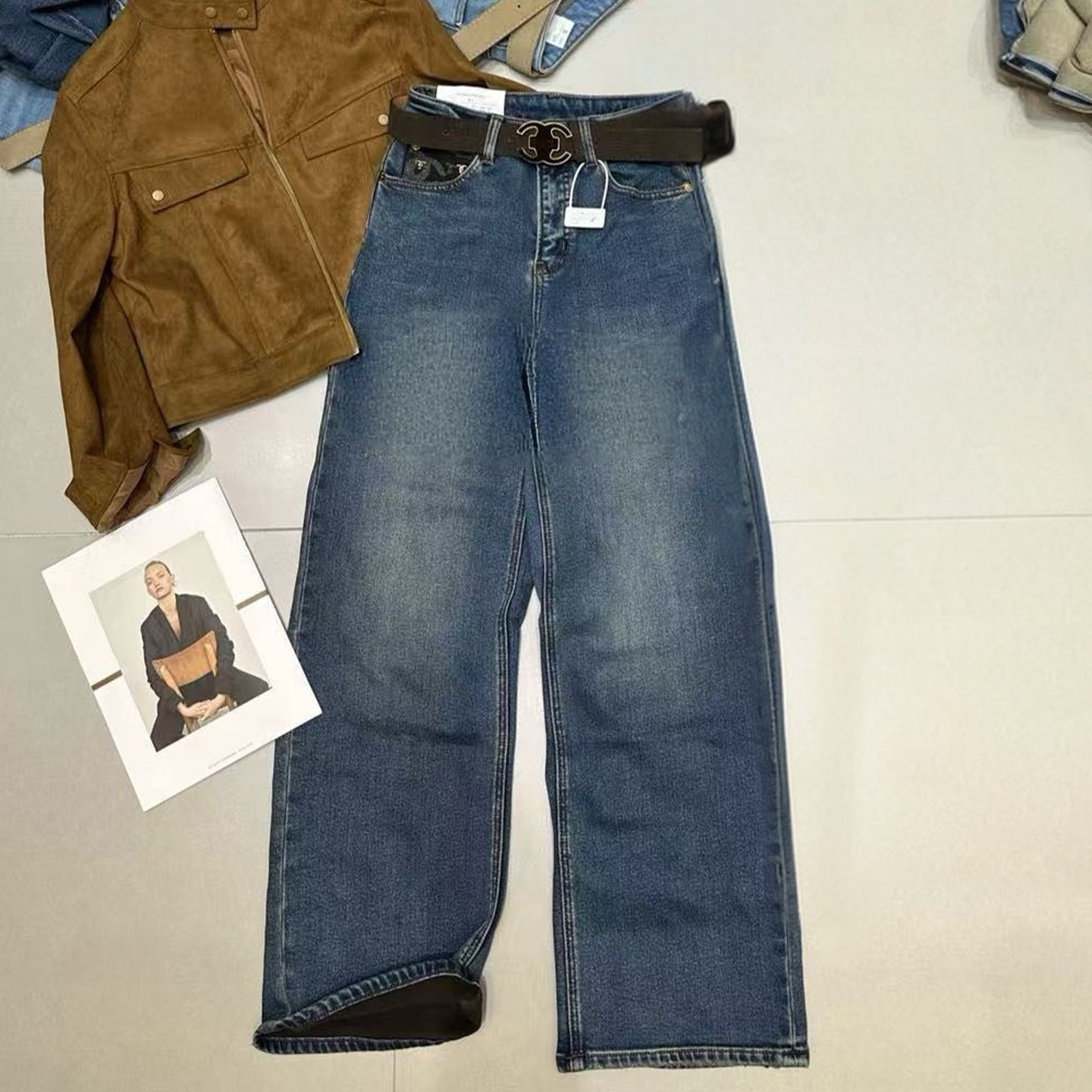 小香风植绒直筒牛仔裤女冬季新款