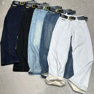 高腰显瘦弹力直筒裤 冬季 女设计感宽松刺绣 女2025新款 加绒牛仔裤