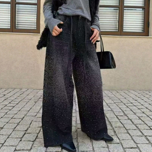 加绒烫钻直筒裤 冬季 女高腰显瘦设计感宽松 女2025新款 满天星牛仔裤