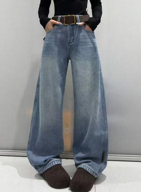 2025冬季新款高腰直筒牛仔裤女蓝色显瘦弯刀裤休闲长裤宽松