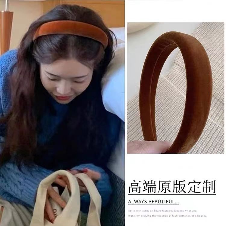 百搭新款丝绒巨显白南瓜色发箍 温柔慵懒氛围外出高颅顶头箍海绵