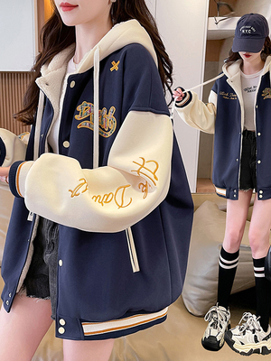 初高中学生超好看学院风连帽卫衣棒球服女秋冬加绒加厚羊羔毛外套
