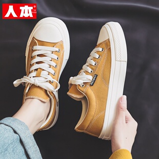 人本女鞋黄色低帮帆布鞋女韩版百搭透气学生板鞋ins潮运动鞋子