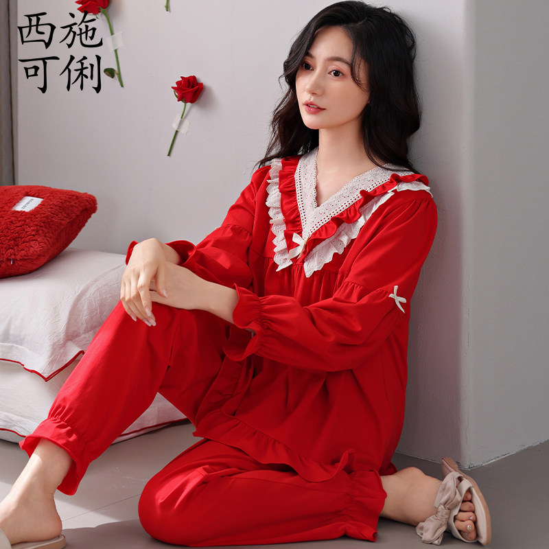 大红色睡衣女纯棉长袖春秋款大码本命年秋季全棉可外穿马年家居服