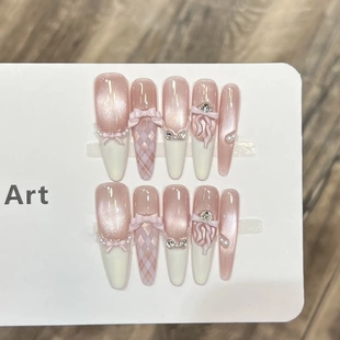 霜筠【尘烟】纯手工穿戴甲甜美纯欲美甲玻璃猫眼法式蝴蝶结甲片