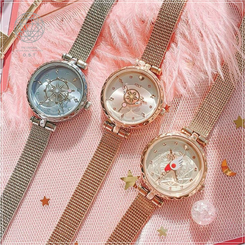 ost新款百变小樱韩国采购魔卡少女樱指针钢链镶钻手腕表日本机芯