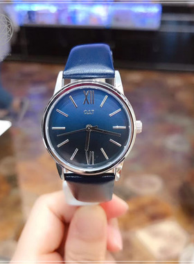 现货OST韩国代购手表女简约商务刻度大表盘真皮蓝色表带石英腕表