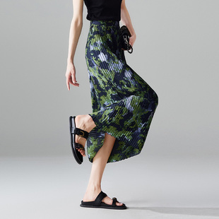 重工压褶牙签皱不变形2026夏季 后松紧腰印花直筒绿色半0317r 新款