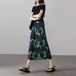 覆古褶皱裙印花松紧腰半身裙女百搭牙签皱25夏装 直筒碎0317r 新款