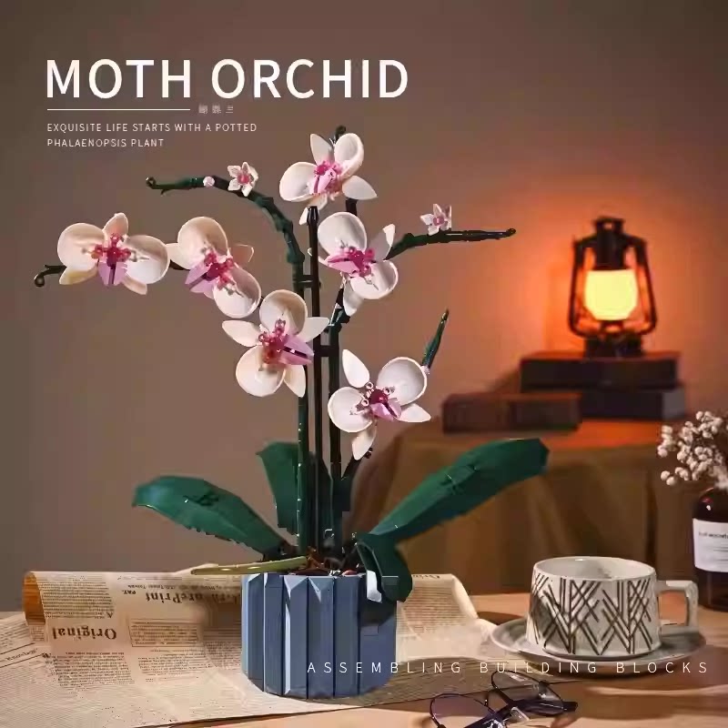 清仓蝴蝶兰花积木仿真花束多肉满天星玫瑰花繁花模型玩具