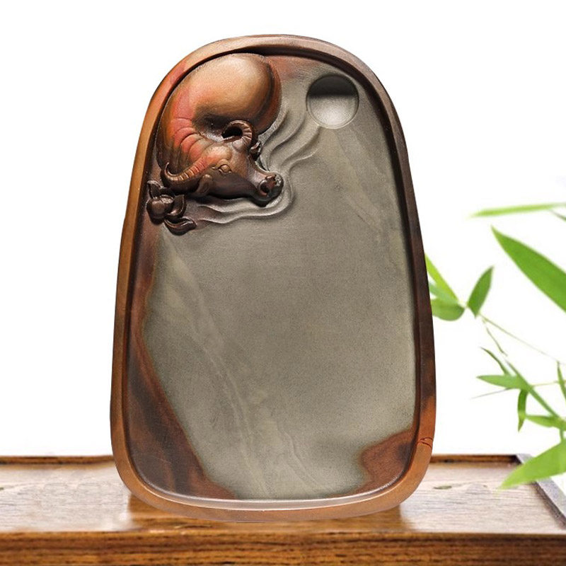 【荷塘牛趣】非遗安徽歙砚高档巧雕牛砚台天然原石金皮籽料实用大墨池文房四宝礼品老坑精品书法专用砚台墨池