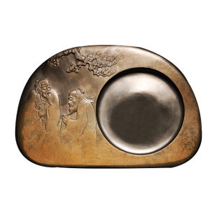 国家非遗 歙砚大师手工原创亲制《松下品茗》收藏送礼佳品文房四宝高档次天然原石黑龙尾山金晕人物砚台