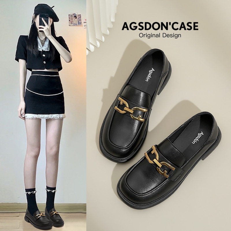 奥古狮登英伦风乐福鞋女2023新款夏季复古风软底豆豆鞋粗跟小皮鞋