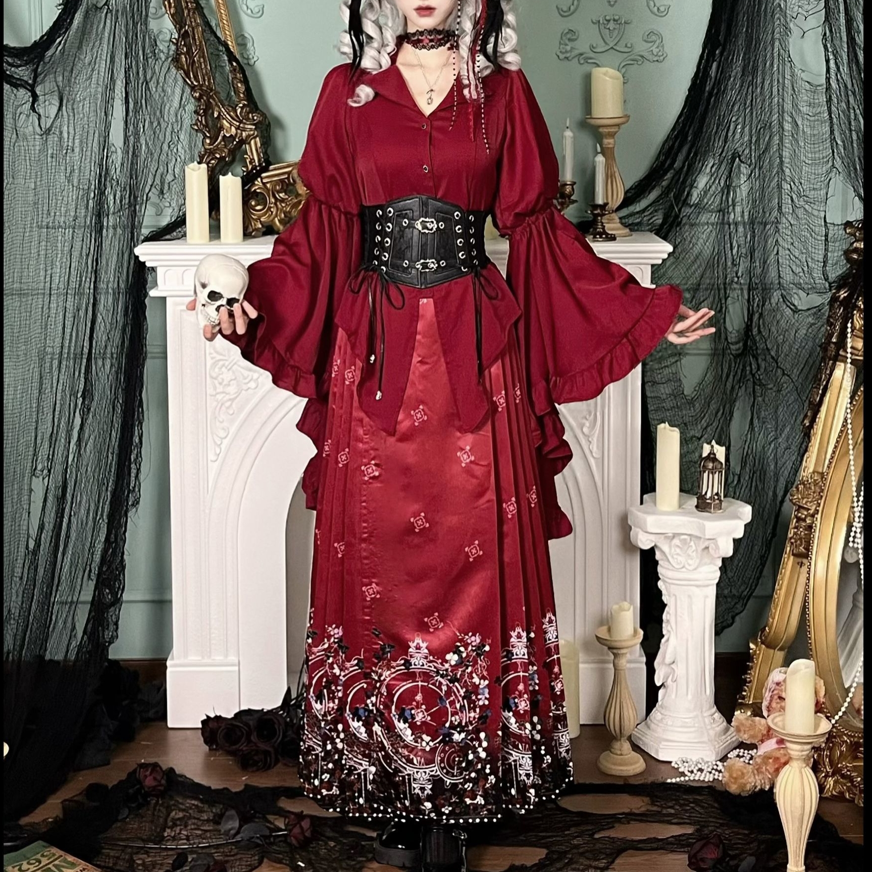 哥特风Lolita红色姬袖上衣亚文化