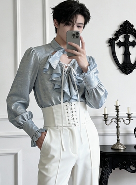 浅蓝色王子系衬衫鎏金长袖洛丽塔衬衣海盗风上衣复古中世纪打底衫