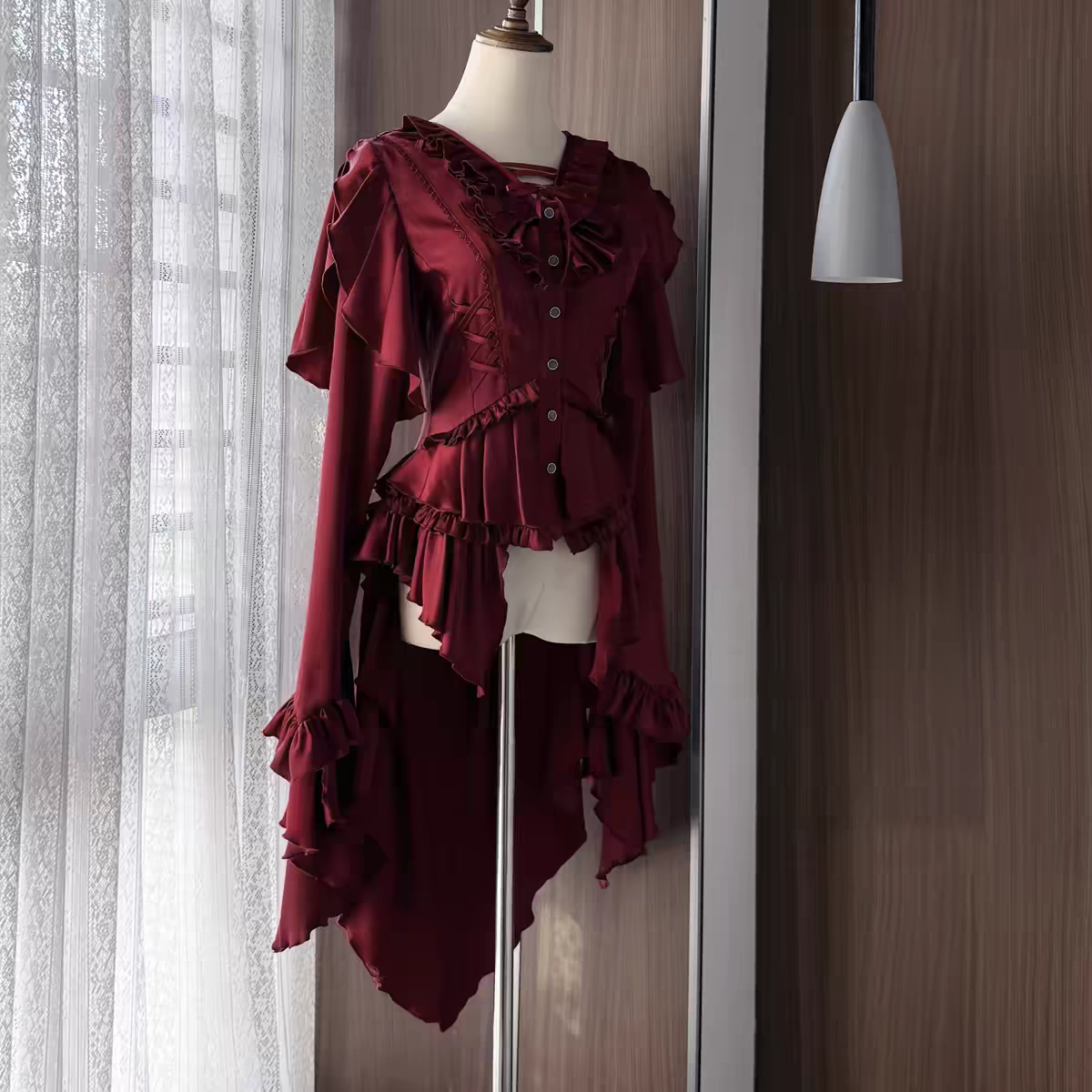 红色Lolita拖尾衬衫姬袖哥特衬衣