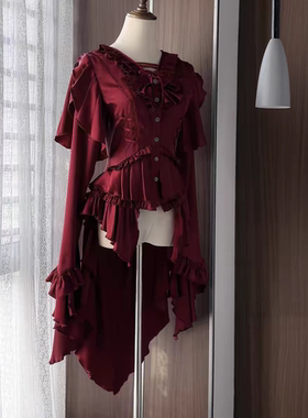 红色Lolita拖尾衬衫华丽姬袖哥特王子系优雅百搭上衣宫廷风衬衣