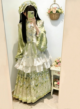 春夏新款汉洋折衷绿色汉服套装交领上衣马面裙罩裙洛丽塔套装少女