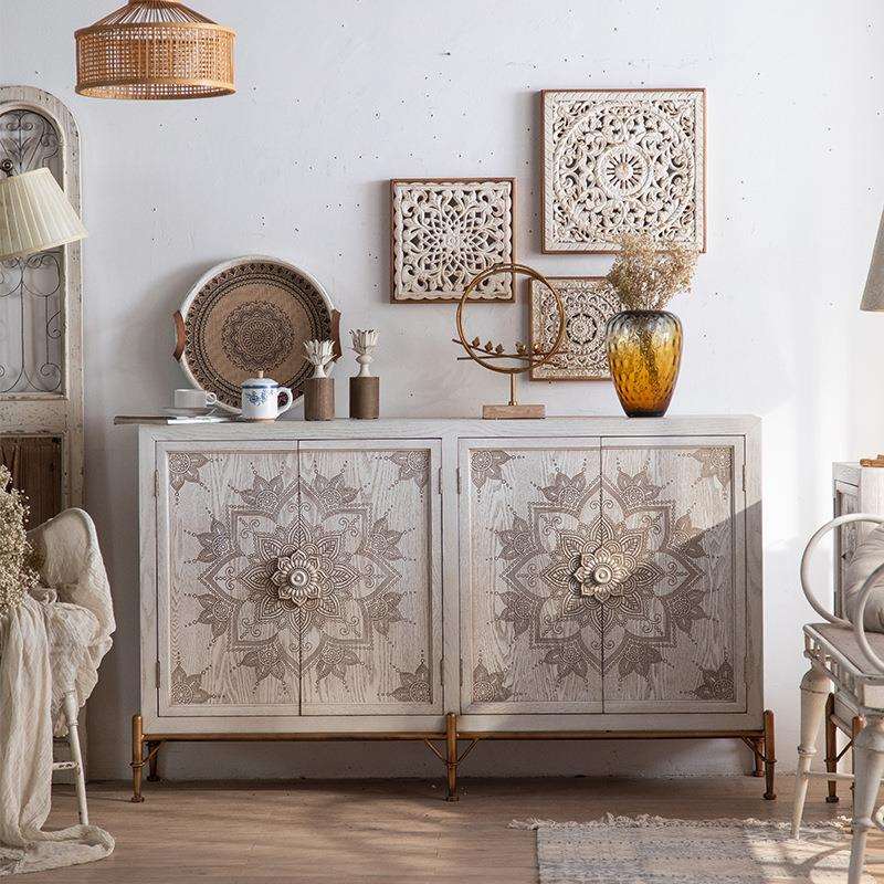 美式复古雕花玄关柜沙发边柜收纳柜子实木餐边柜白色装饰柜储物柜