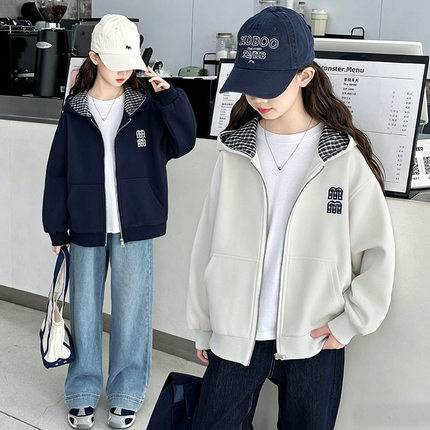 女孩洋气连帽开衫格子上衣中大童2026宽松卫衣洋气外套秋装夹克衫