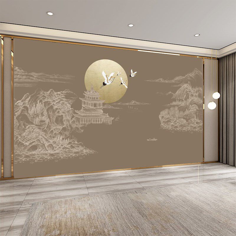 中式意境山水办公室装饰壁画大气电视背景墙壁纸茶厅饭店包厢墙布