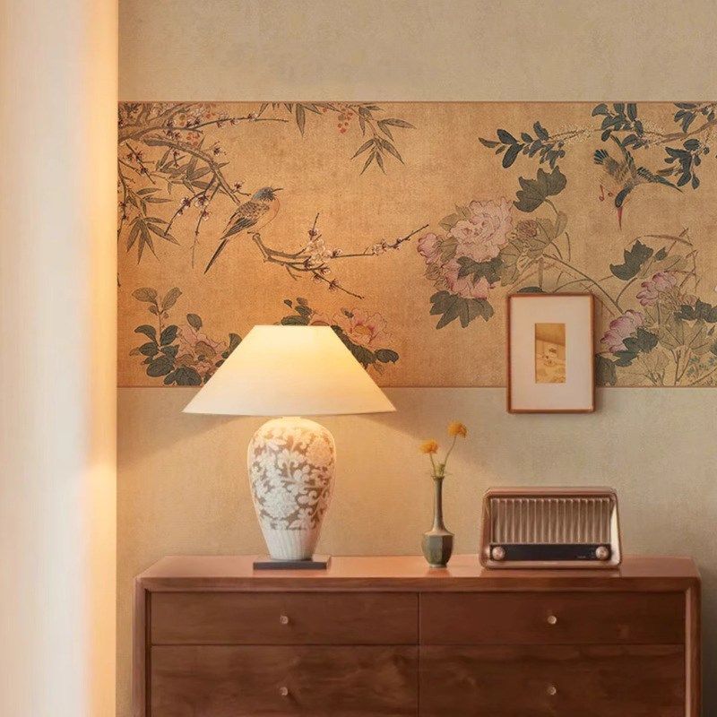 中古风花鸟画卷壁纸法式中式复古壁布客厅餐厅墙纸墙布卧室背景墙