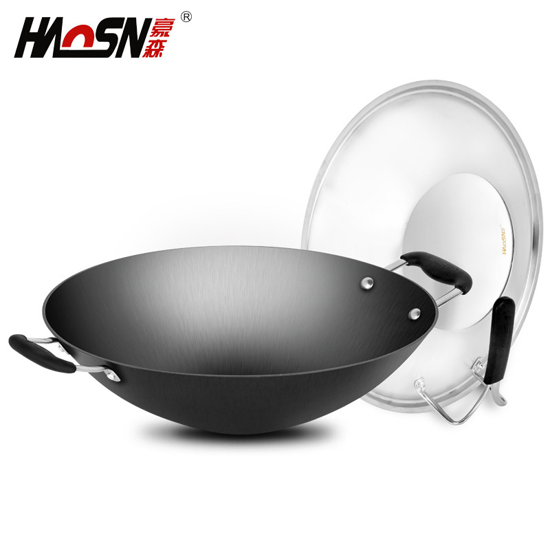 豪森尖底炒锅不粘锅具老式手工铁锅家用双耳生铁铸铁锅炒菜锅40cm