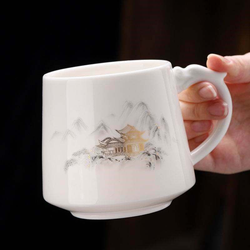 陶瓷会议水杯大容量带盖茶水分离羊脂玉办公杯带把手家用泡茶喝水