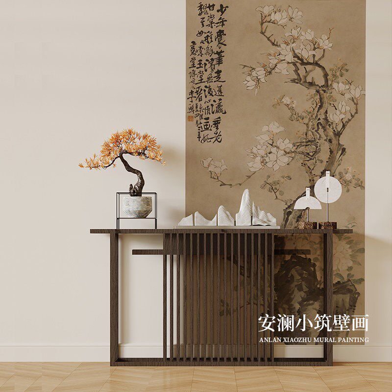 新中式宋式美学古画竖版玄关花鸟中古风茶室背景墙墙布壁画壁纸