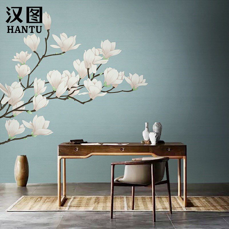 新中式玉兰墙纸轻奢电视背景墙壁纸壁画客厅沙发卧室床头壁布无缝