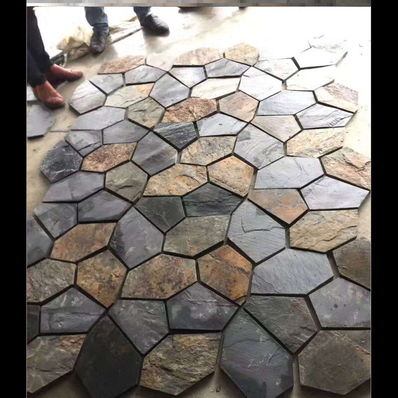 天然青石花园廊道户外防滑锈色不规则网帖墙砖庭院地砖冰裂纹碎拼