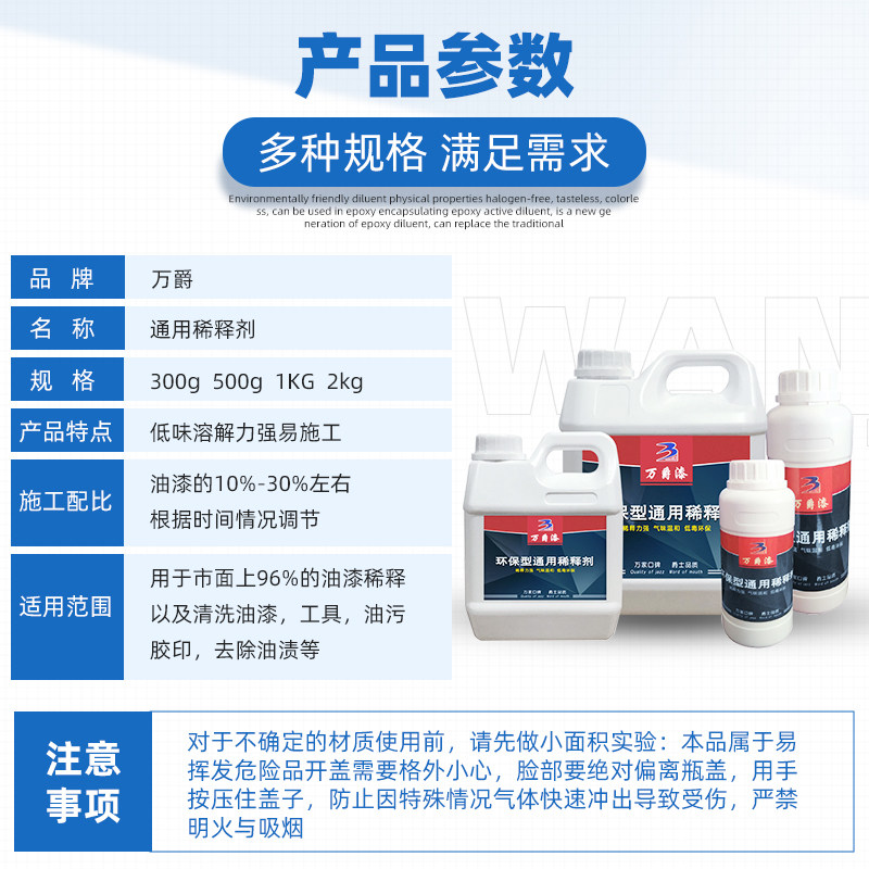 万爵油漆通用稀释剂环保胶印油污清洗剂金属漆氟碳漆耐高温聚氨酯