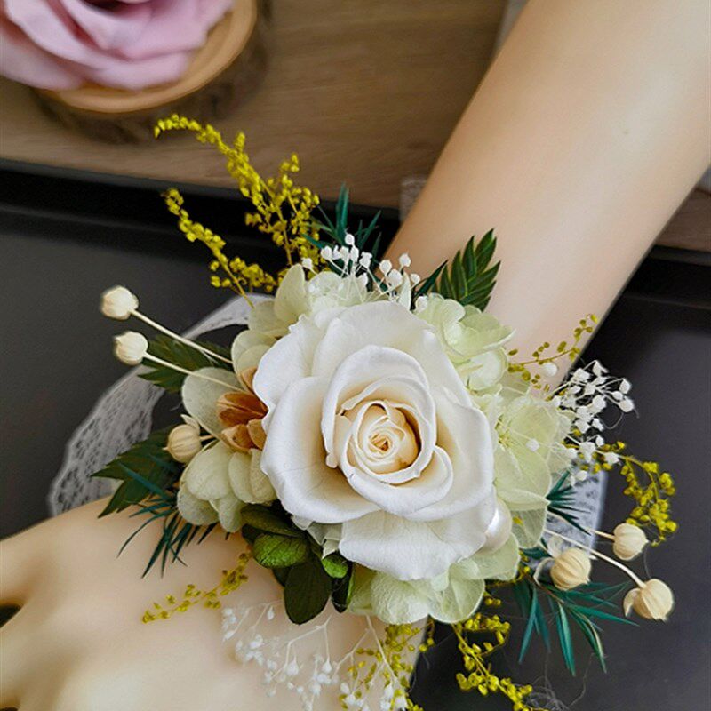 高端白色永恒玫瑰绣球花全干花胸花腕花手花新郎新娘婚礼活动Vip