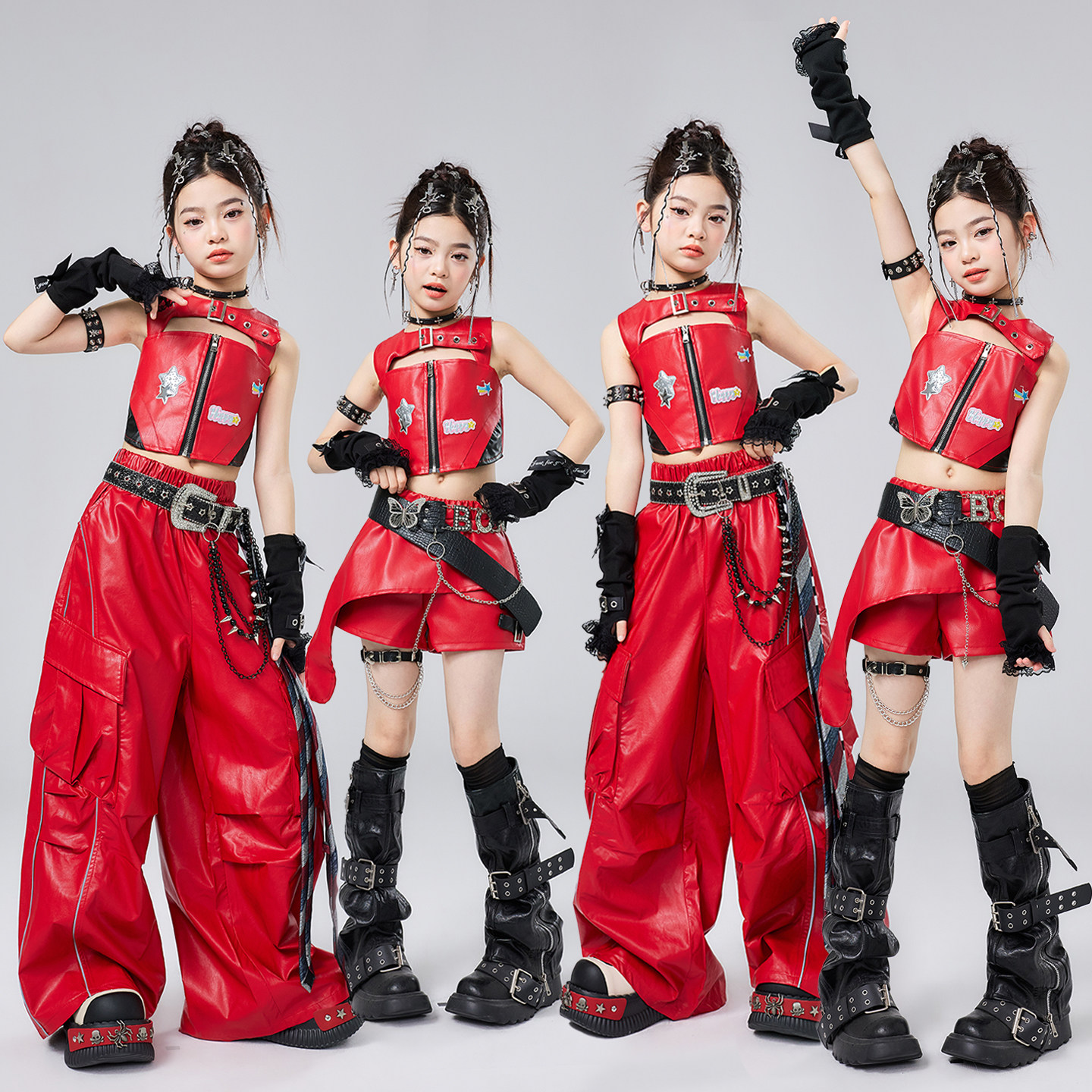 女童爵士舞表演服红色皮衣套装幼儿jazz舞蹈时髦女孩模特走秀潮服