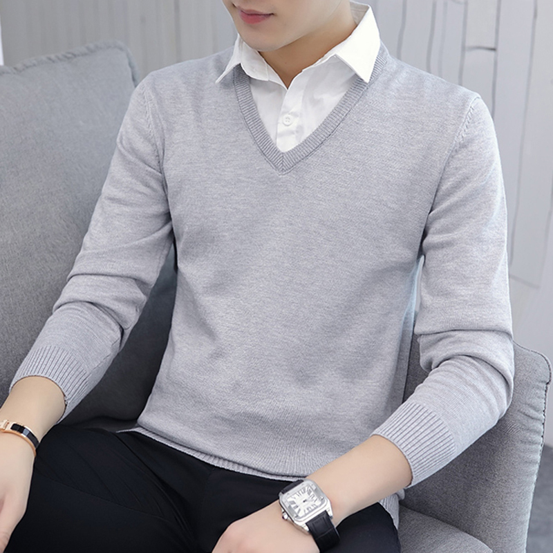 秋冬季新款假两件毛衣男加绒潮流衬衫领针织衫男士打底衫保1204n