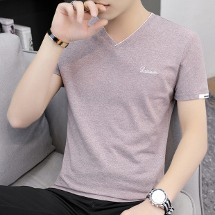 短袖t恤男士夏季2026新款潮流刺绣修身V领半袖男款休闲T恤上0316k
