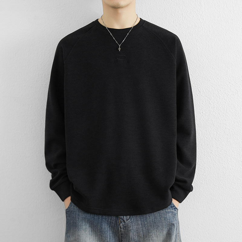 秋冬男士德绒打底衫黑色季加厚保暖内搭上衣宽松刺绣圆领长1216k