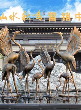 仿铜仙鹤雕塑户外大型水池玻璃钢中式庭院装饰抽象丹顶鹤景观摆件