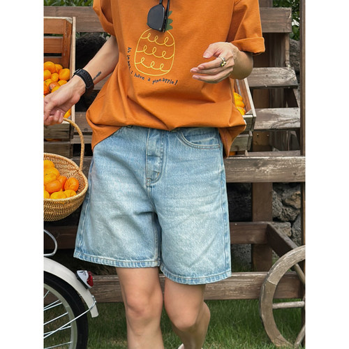 琴仔 洋气水洗牛仔短裤纯棉浅蓝色直筒中裤子女夏天穿搭秘籍 9239