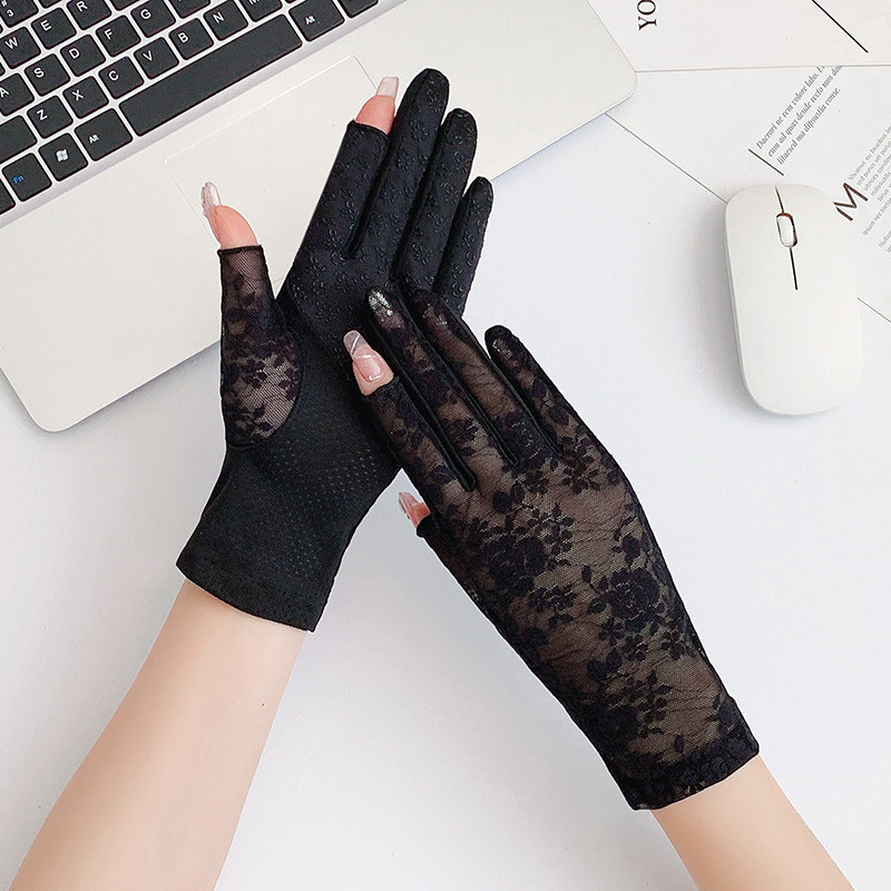 新款夏天防晒手套女薄款弹力蕾丝柔软亲肤露指防滑透气开车两半指