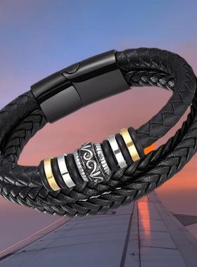 欧美跨境钛钢皮革手工编织复古民族风男士不锈钢一键刻字手绳手链
