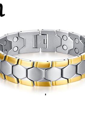 欧美男士正方磁石钛钢手链 锗石霸气锗粒磁石四合一手饰能量手镯