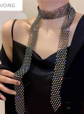 欧美夸张闪亮多排水钻长款流苏锁骨链女网红个性颈带黑色复古项链