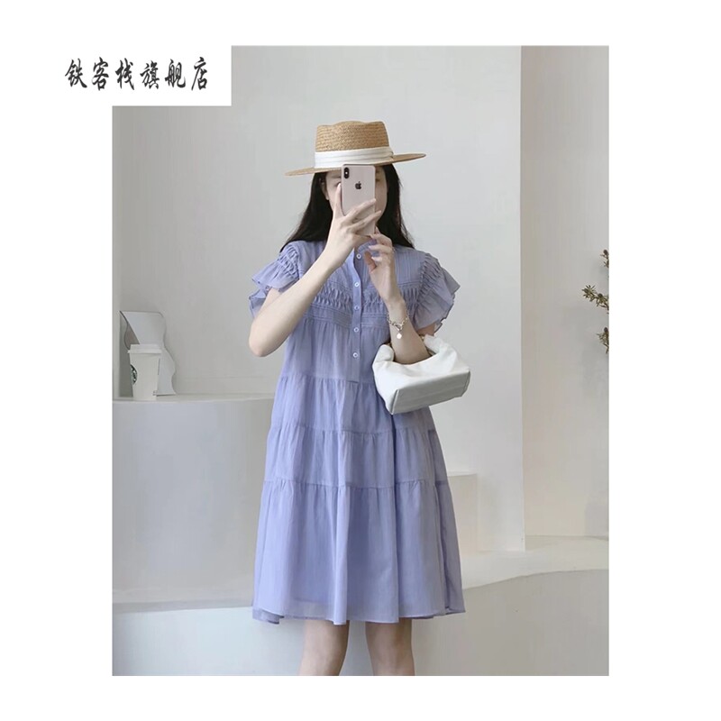 新款茶歇高级感紫色轻纱连衣裙夏季2023甜美温柔风小众百褶中长裙